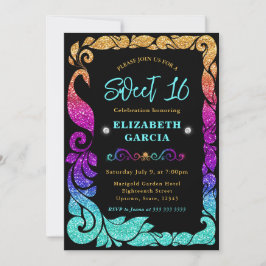 Glam Rainbow Gradient Glitzer Peacock Sweet 16 Einladung