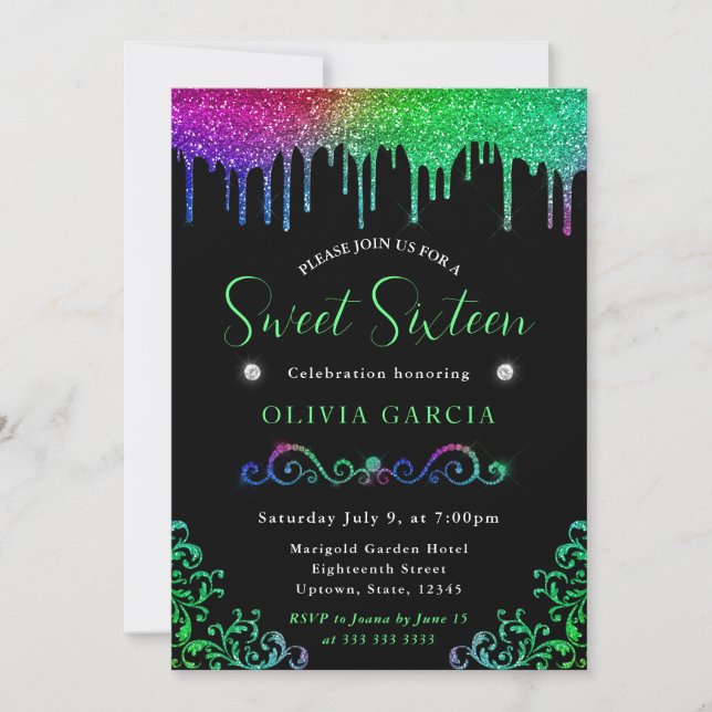 Glam Rainbow Gradient Glitzer Sweet 16 Einladung (Vorderseite)