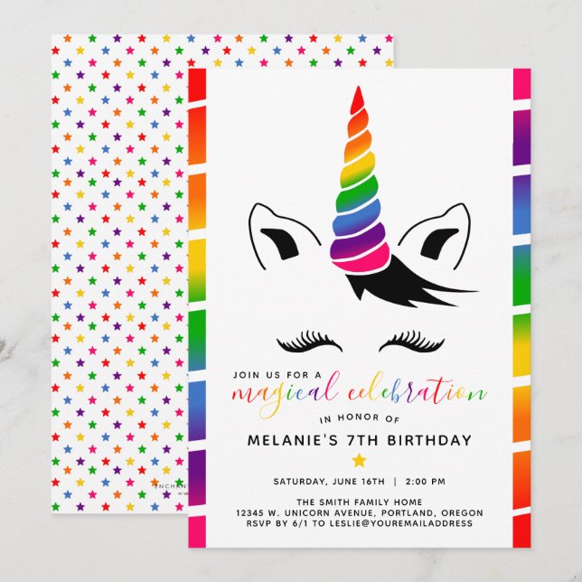 Glam Rainbow Unicorn Invitation de fête d'annivers (Devant / Derrière)
