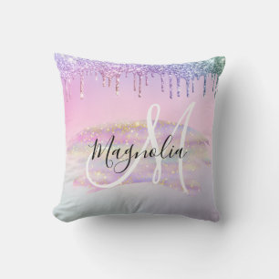 Glam Rainbow Unicorn Ombre Glitzer Pink Monogram Kissen