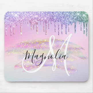 Glam Rainbow Unicorn Ombre Glitzer Pink Monogram Mousepad
