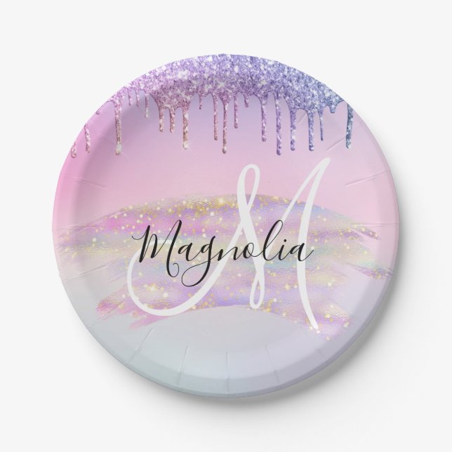 Glam Rainbow Unicorn Ombre Glitzer Pink Monogram Pappteller (Vorderseite)