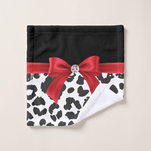 Glam Red Bow-White Leopard Print Black Badhandtuch Set (Waschlappen)