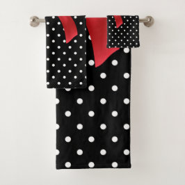 Glam Red Bow-White Polka Dots Black Badhandtuch Set