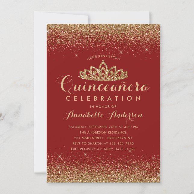Glam Red Burgundy Quinceañera Gold Tiara Glitzer Einladung (Vorderseite)