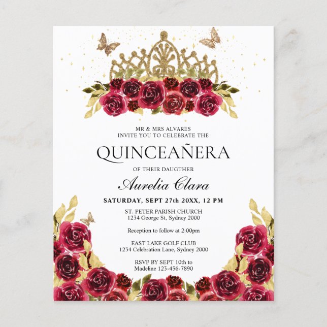 Glam Red Floral Gold Tiara Quinceanera (Vorderseite)