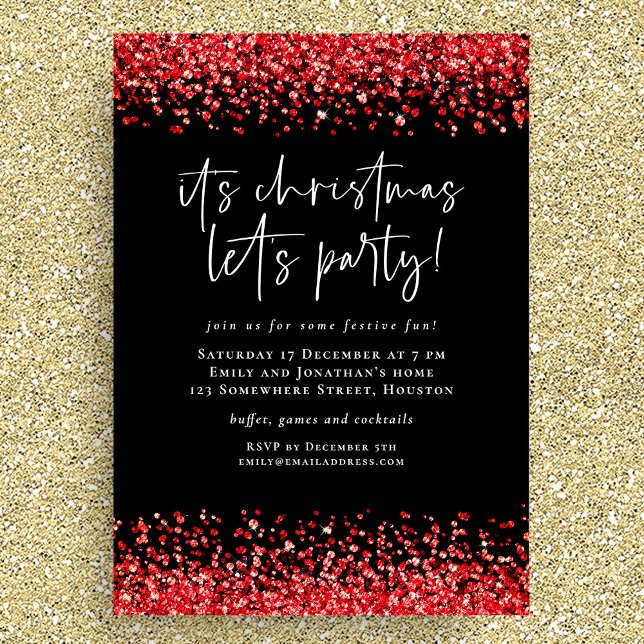 Glam Red Glitter Christmas Lets Party Black Einladung (Available digitally and printed)