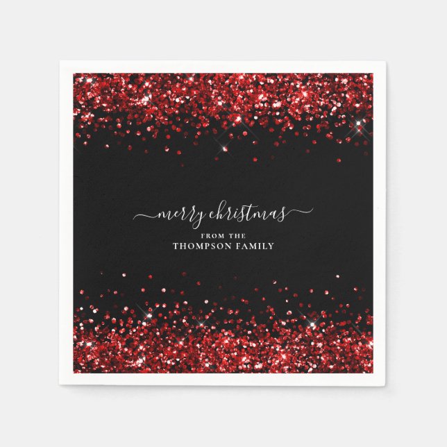 Glam Red Glitzer Name MerChristmas Black Serviette (Vorderseite)