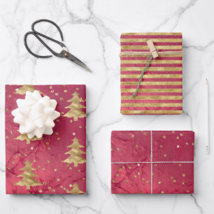 Glam Red Gold Christmas Tree Glitz Geschenkpapier Set