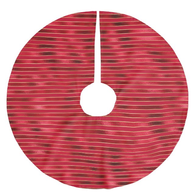 Glam Red Gold Streifen Polyester Weihnachtsbaumdecke (Vorderseite)