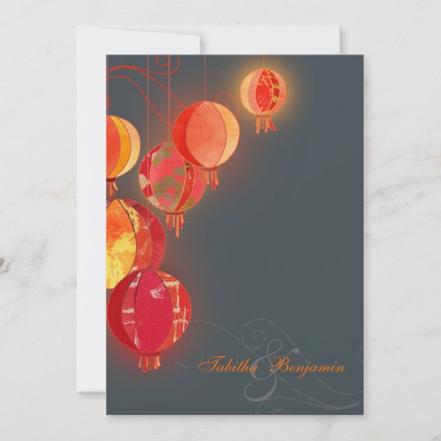Glam Red Lanterns Charcoal Gray Wedding Einladung (Vorderseite)