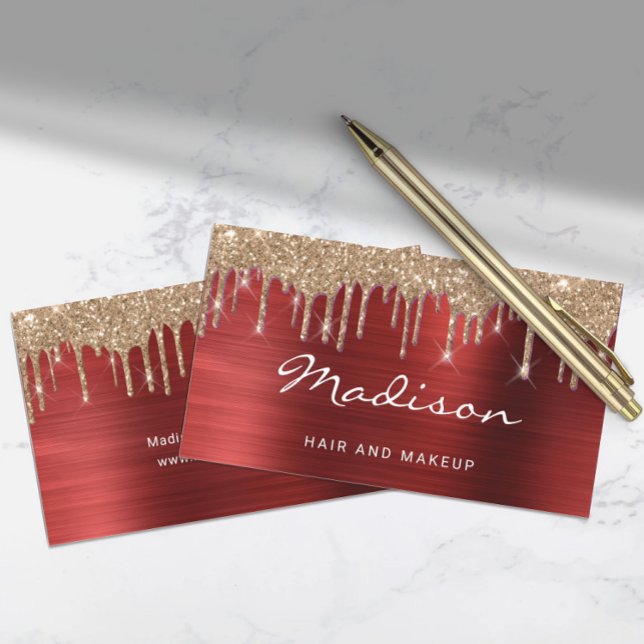Glam Red Metal Gold Glitzer Tropfen Hair & Makeup Visitenkarte (Glam Red Metal Gold Glitter Drip Hair & Makeup Business Card)