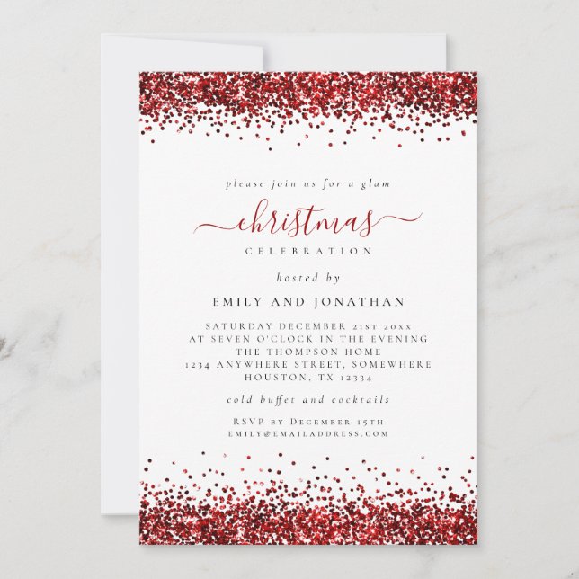 Glam Red Parties scintillant Noël Invitation blanc (Devant)