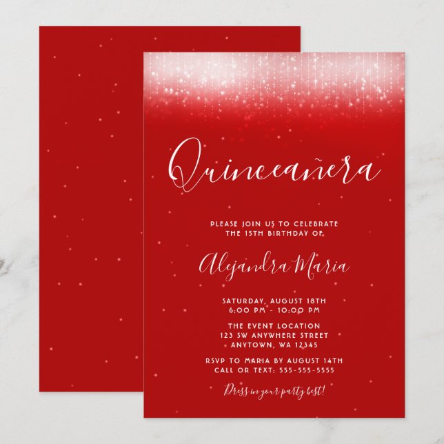Glam Red Quinceañera Einladung (Vorne/Hinten)