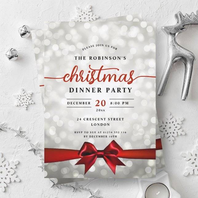 Glam Red Ribbon Silver Lights Weihnachts-Party Einladung (Glam Red Ribbon Silver Lights Christmas Party Invitation)
