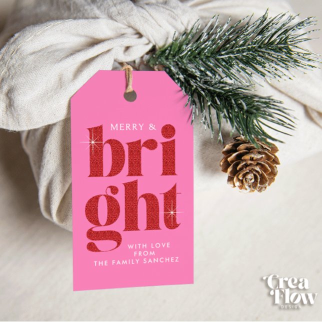 Glam Red Sequin Merry und Bright Christmas Geschenkanhänger (Christmas gift tag with red sequin-like text `Merry and Bright´ on a Pink background. )