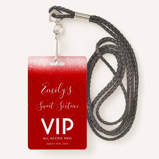 Glam Red Sweet 16 Invitation Carte VIP Badge (Devant avec lanière)