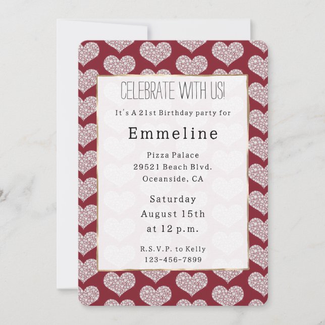 Glam Red White Hearts Einladung (Vorderseite)