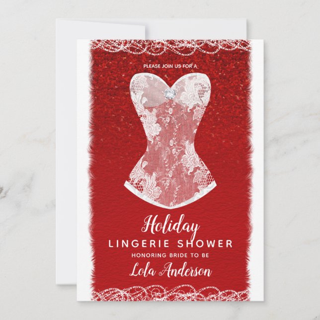 Glam Red & White Holiday Lingerie Dusche Party Einladung (Vorderseite)