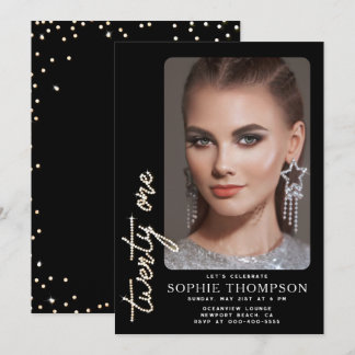 Glam Rhinestones Schwarz-weiß 21. Geburtstag Foto Einladung