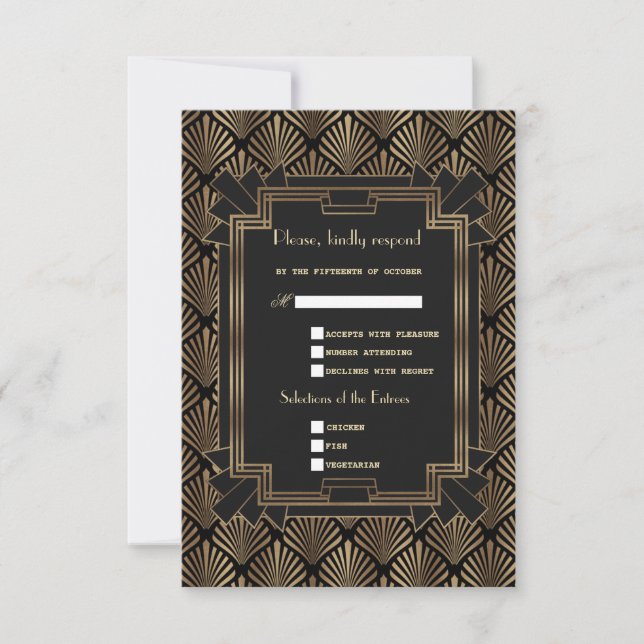 Glam Roaring 20's Gold Black Great Gatsby Wedding RSVP Karte (Vorderseite)