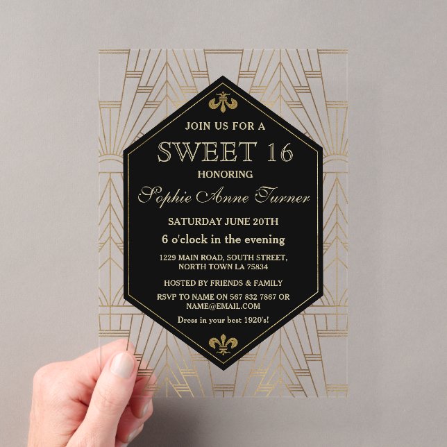 Glam Roaring 20s Great Gatsby Art Deco Sweet 16 Acryleinladungen (Insitu (Handheld))