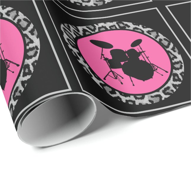 Glam Rock Drummer Leopard Drum Kit Musikergeschenk Geschenkpapier (Rolleneckpunkt)