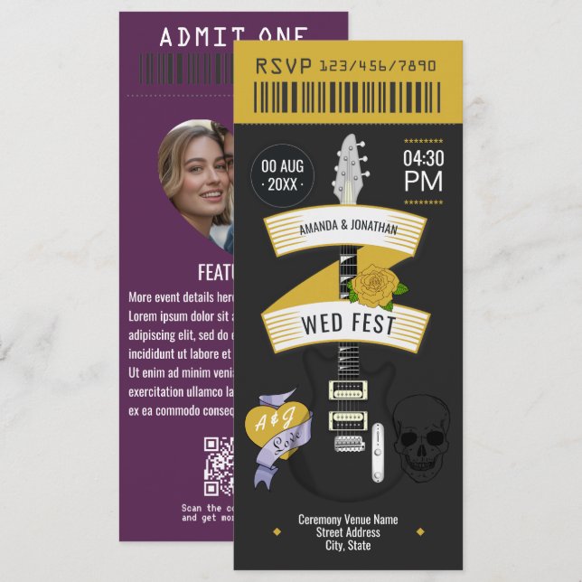 Glam Rock Rock ’n’ Roll Wedding Ticket Einladung (Vorne/Hinten)