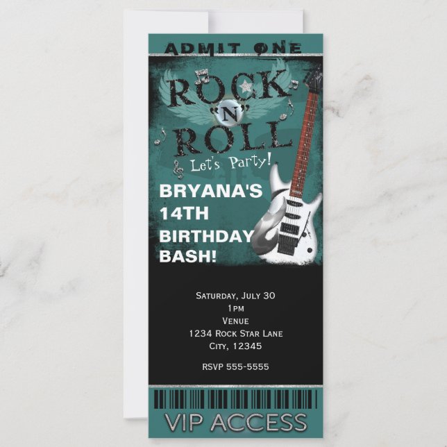 Glam Rock'n'Roll Star Birthday Ticket VIP Party Einladung (Vorderseite)