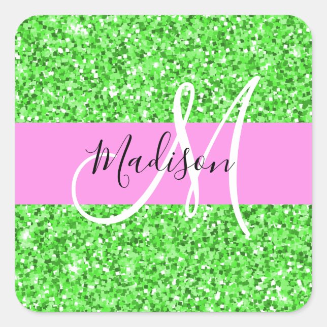 Glam Rosa und grüner Glitzer Glitzern Monogram Nam Quadratischer Aufkleber (Vorderseite)