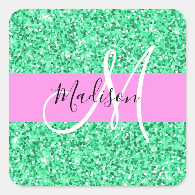 Glam Rosa und grüner Glitzer Glitzern Monogram Nam Quadratischer Aufkleber (Vorderseite)