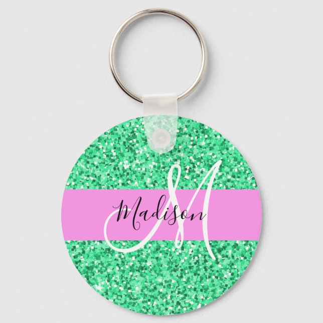 Glam Rosa und grüner Glitzer Glitzern Monogram Nam Schlüsselanhänger (Vorderseite)