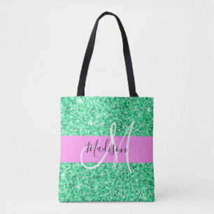 Glam Rosa und grüner Glitzer Glitzern Monogram Nam Tasche