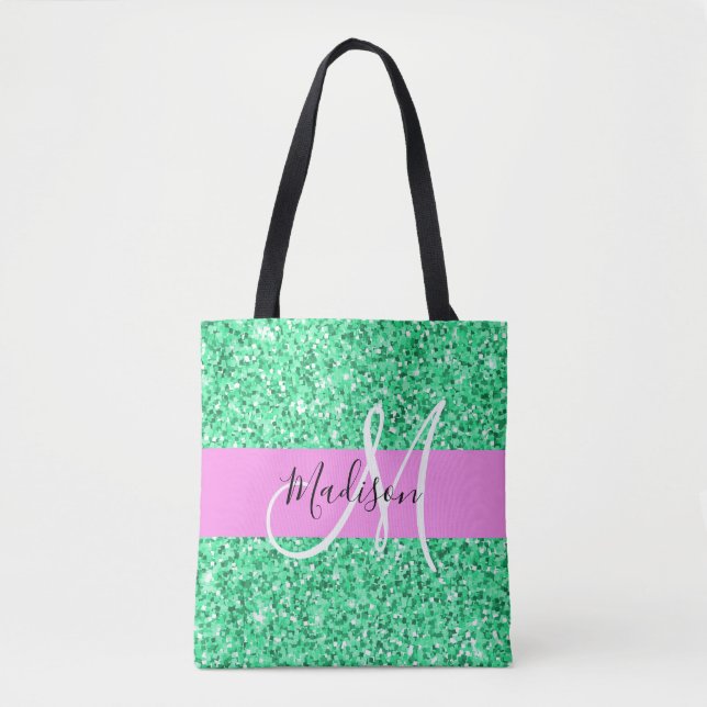 Glam Rosa und grüner Glitzer Glitzern Monogram Nam Tasche (Vorderseite)