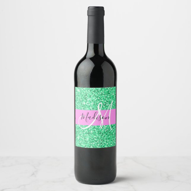 Glam Rosa und grüner Glitzer Glitzern Monogram Nam Weinetikett (Vorderseite)