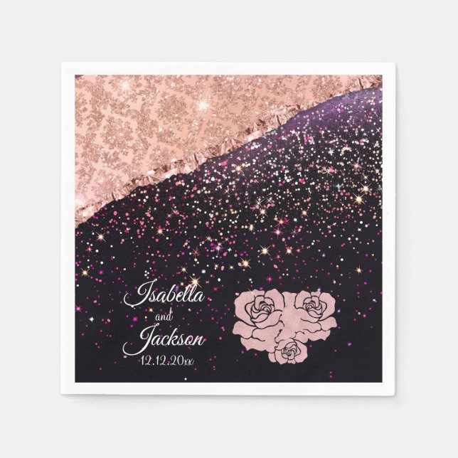 Glam Rose Black Glitzer Blush Rose Hochzeit Serviette (Vorderseite)