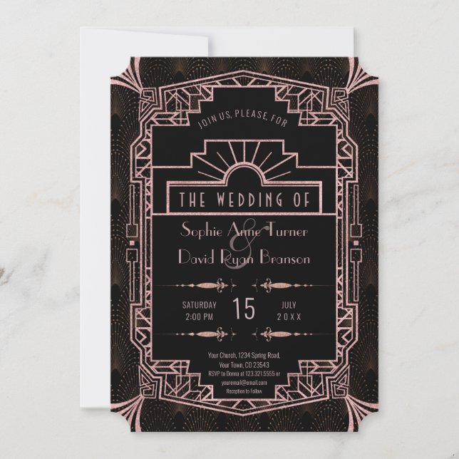 Glam Rose Gold Art Deco Einladung (Vorderseite)