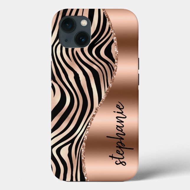 Glam Rose Gold Black Tiger Streifen Name Case-Mate iPhone Hülle (Rückseite)