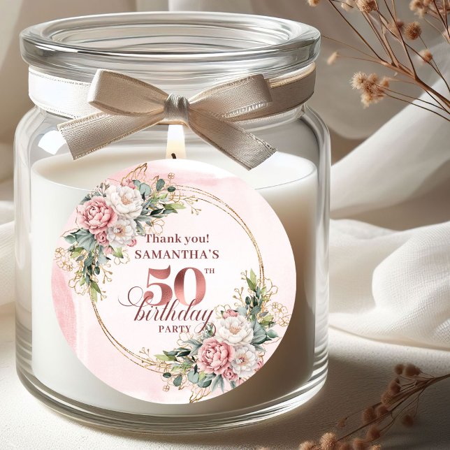 Glam Rose Gold Blush Floral 50th Birthday Party  Runder Aufkleber (Glam Rose Gold Blush Floral 50th Birthday Party Stickers)