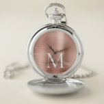 Glam Rose Gold Brushed Metal Monogram Name Script Taschenuhr<br><div class="desc">Glam Rose Gold Brushed Metal Monogram Name Script Pocket Watch</div>