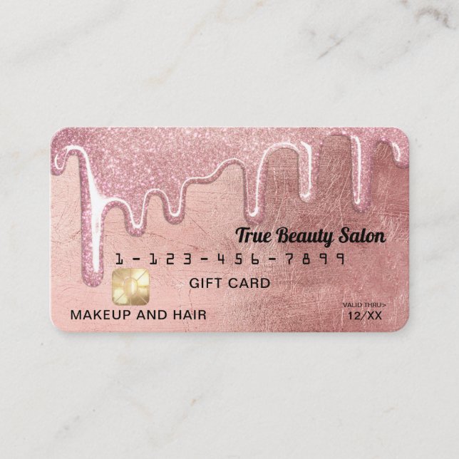 Glam Rose Gold Dick Glitzer Tropfen Gift Guthaben Visitenkarte (Vorderseite)