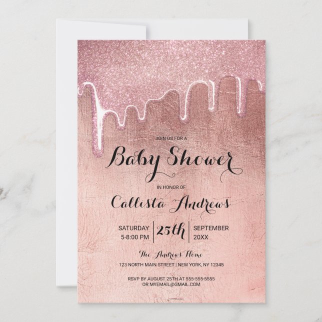 Glam Rose Gold Dicker Glitzer Tropfen Kinderdusche Einladung (Vorderseite)