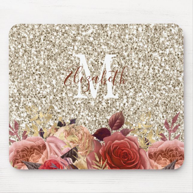 Glam Rose Gold Floral Monogram Glitzer Mousepad (Vorne)