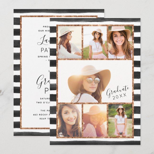 Glam Rose Gold Foto Collage Abschluss Einladung (Vorne/Hinten)