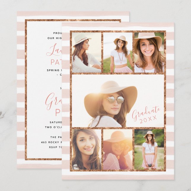 Glam Rose Gold Foto Collage Abschluss Einladung (Vorne/Hinten)