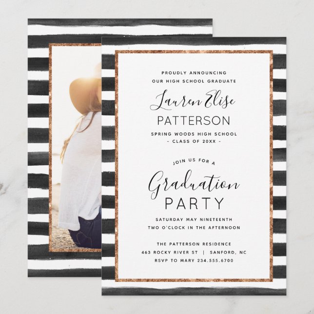 Glam Rose Gold Foto Graduation Party Einladung (Vorne/Hinten)