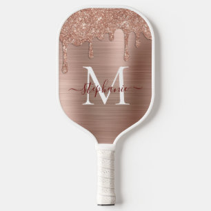 Glam Rose Gold Glitter Drip Elegant Monogram Pickleball Schläger
