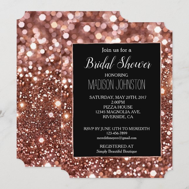 Glam Rose Gold Glitzer Black Einladung (Vorne/Hinten)