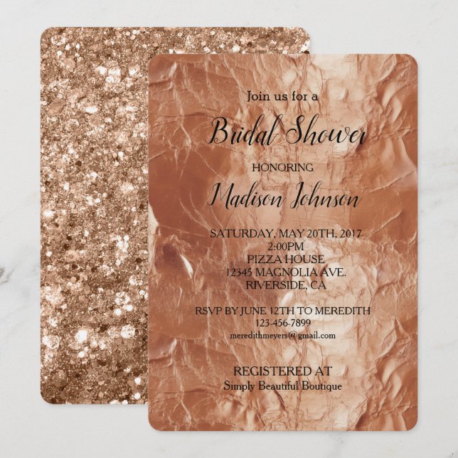 Glam Rose Gold Glitzer Brautparty Einladung (Vorne/Hinten)