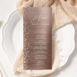 Glam Rose Gold Glitzer Brushed Metal Wedding Menükarte<br><div class="desc">Dieses elegante,  moderne Hochzeitsmenü verfügt über einen Diamant-Glitzer-Rahmen in Imitaten auf einer Rose Gold Imitate gebürstete Metall Hintergrund. Der benutzerdefinierbare Text kombiniert weiße Handschriftenschrift und serifenlose Schriftart. Die Rose goldgebürstetes Metall und Glitzer Design wiederholt sich auf der Rückseite.</div>